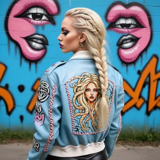 Prompt:  medusa microbraided long blonde hair revealing extra large cleavage full lips graffiti art printed on her pastel blue leather bomber jacket back front and arms  round rear side exotic leather