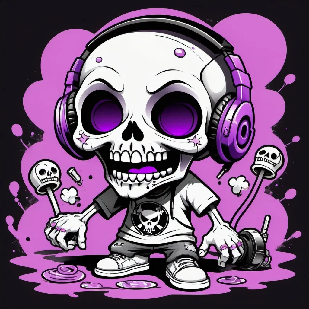 Prompt: Coloring page Cartoon Graffitti character cyber punk gangster happy candy skull hip hop dj charachter spray bomb print pastel purple black white 