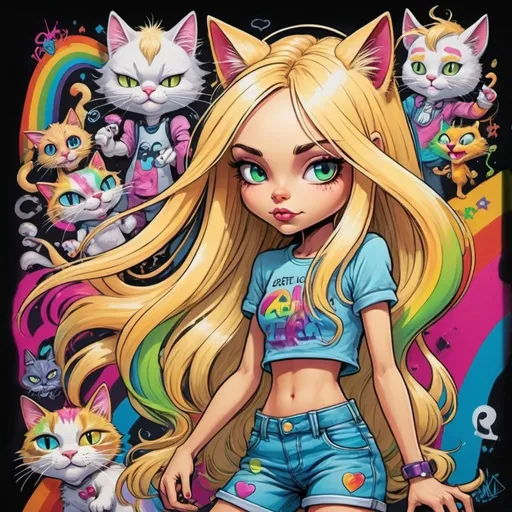 Prompt: Cartoon attitude  characture graffitti blonde neon rainbow long hair the Chester cat and Alice with an extraterestrial being