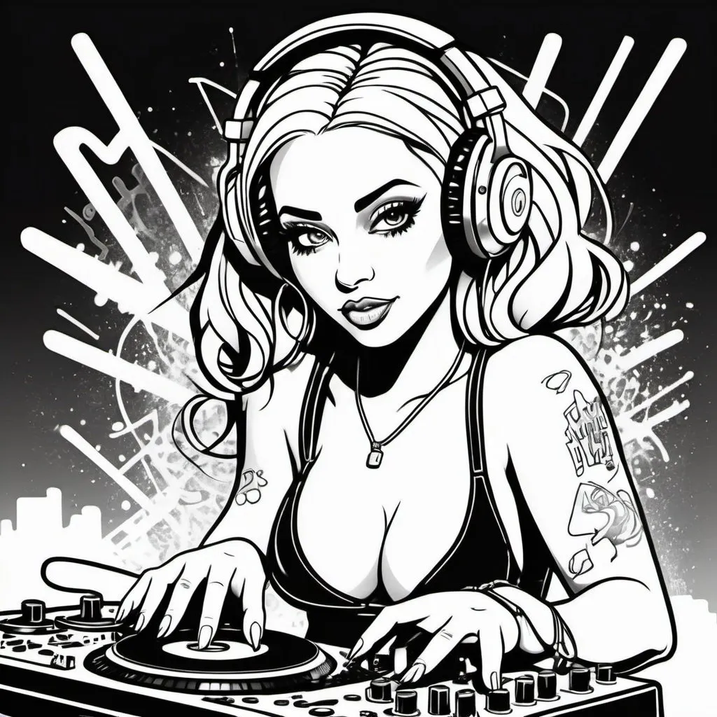 Prompt: Coloring page Graffitti cartoon female dj  character revealing cleavage cyber punk gangster print 