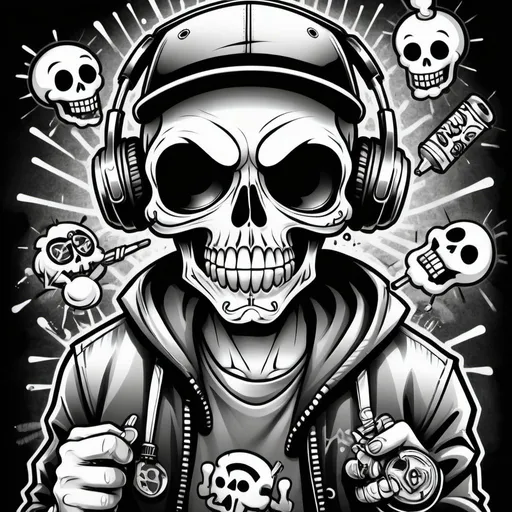 Prompt: Coloring page Cartoon Graffitti character cyber punk gangster happy candy skull hip hop dj charachter spray bomb print