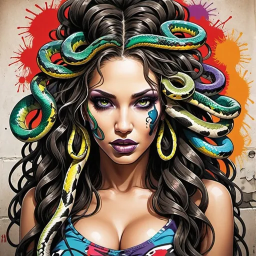 Prompt: Color print page Graffiti art face microbraided snake long medusa hair charachter revealing cleavage graffiti art face make up print