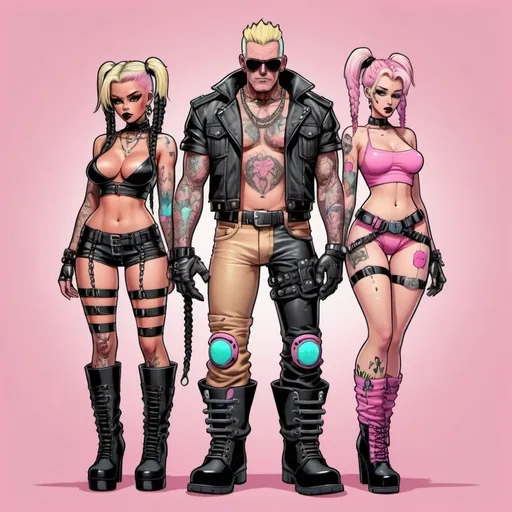 Prompt: Cartoon character thug pastel exotic blondish pastel multicolored microbraided hair with extra large cleavage small waist big rear end and  tattoos and piercings thigh high boots cyber punk pink and black outfit standing with freddy crugar and jason