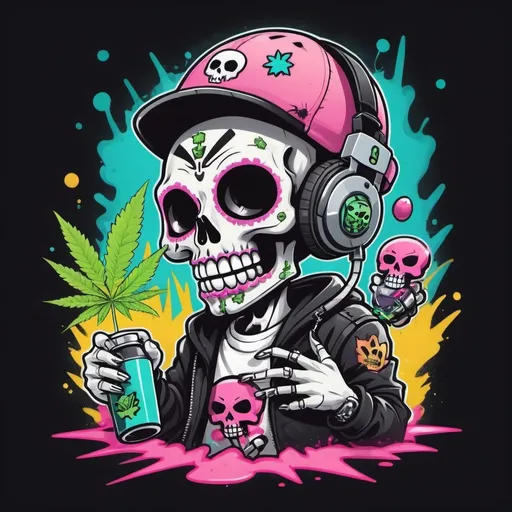 Prompt: Cartoon Graffitti character cyber punk gangster happy weed candy skull hip hop dj charachter spray bomb pastel print