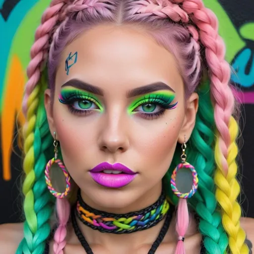 Prompt: Pastel graffiti gangster character green eyes revealing extra large cleavage with rainbow pastel microbraided hair and full lips designer bold unique loud makeup artists bold adornment creative stylish neon graffiti art makeup