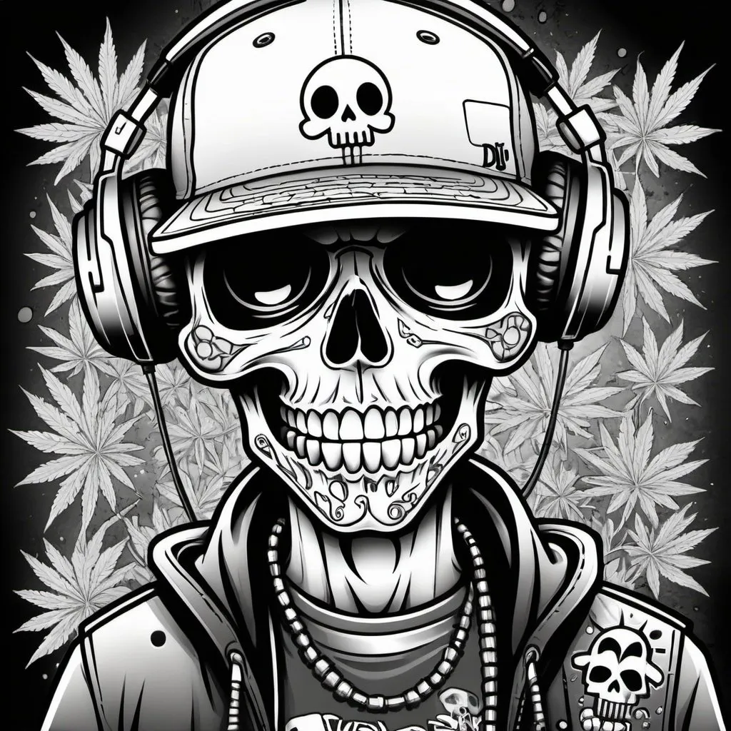 Prompt: Coloring page Cartoon Graffitti character cyber punk gangster happy weed candy skull hip hop dj charachter spray bomb print