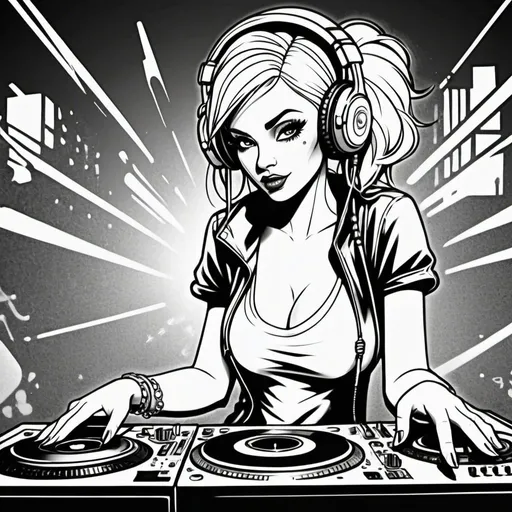 Prompt: Coloring page Graffitti cartoon female dj  character revealing cleavage cyber punk gangster print 