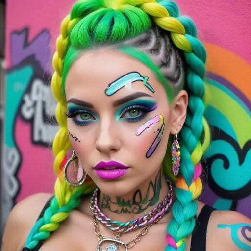 Prompt: Pastel graffiti gangster character green eyes revealing extra large cleavage with rainbow pastel microbraided hair and full lips designer bold unique loud makeup artists bold adornment creative stylish neon graffiti art makeup