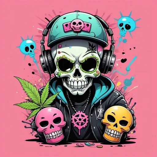 Prompt: Cartoon Graffitti character cyber punk gangster happy weed candy skull hip hop dj charachter spray bomb pastel print