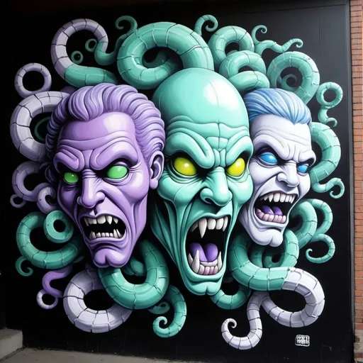 Prompt: Charachters Pastel purple white and pastel blue pastel blue pastel green graffiti medusa charachter on a black wall backround freddy crugar and jason muscular gangster pastel colored  graffiti art by sedusa adornment