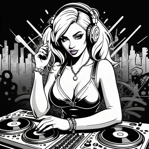 Prompt: Coloring page Graffitti cartoon female dj  character revealing cleavage cyber punk gangster print 