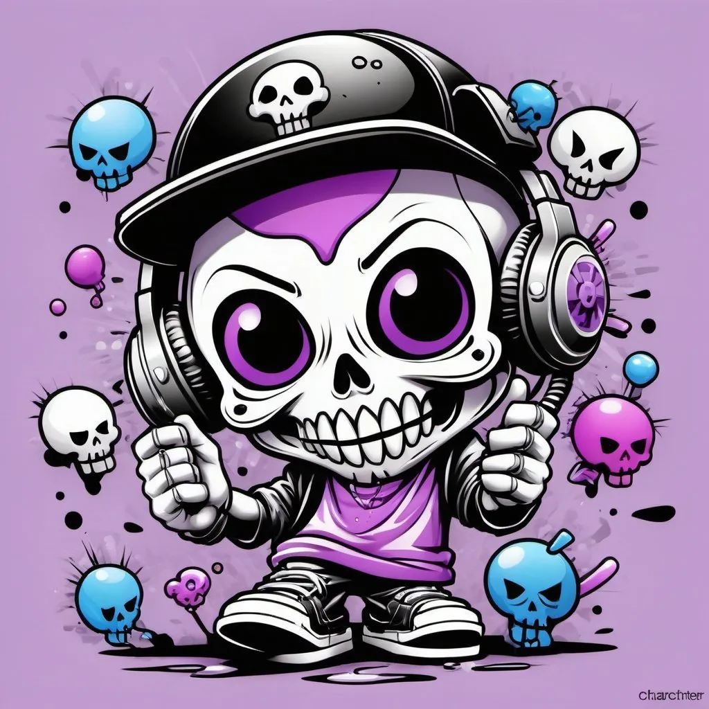 Prompt: Coloring page Cartoon Graffitti character cyber punk gangster happy candy skull hip hop dj charachter spray bomb print pastel purple black white blue 