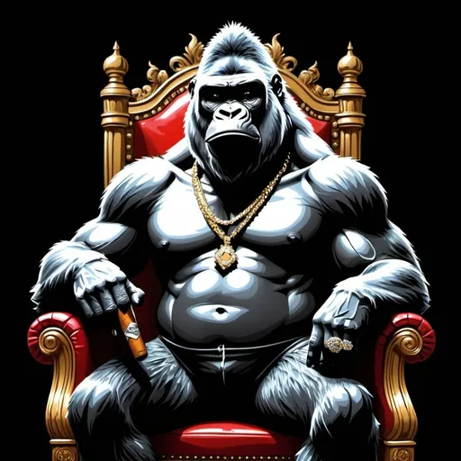 Prompt: Cartoon Graffiti character art gangster gorilla sitting on a throne smoking a cigar bling on a black canvas backround