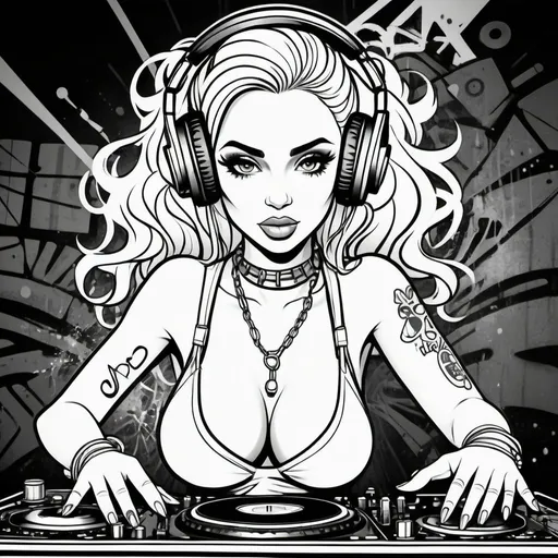 Prompt: Coloring page Graffitti cartoon female dj  character revealing cleavage cyber punk gangster print 