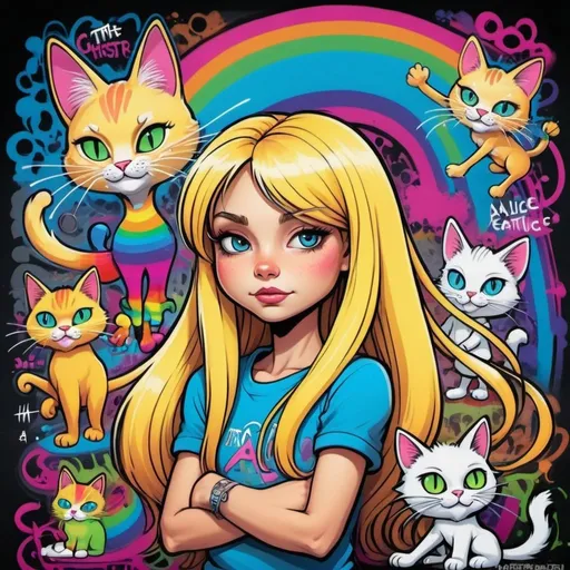 Prompt: Cartoon attitude  characture graffitti blonde neon rainbow long hair the Chester cat and Alice with an extraterestrial being