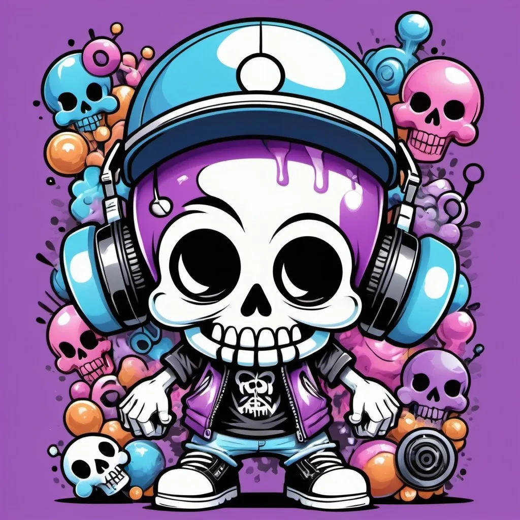 Prompt: Coloring page Cartoon Graffitti character cyber punk gangster happy candy skull hip hop dj charachter spray bomb print pastel purple black white blue 