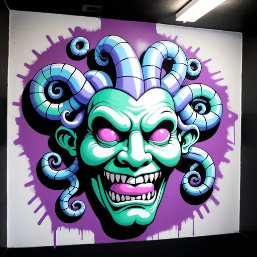 Prompt: Charachters Pastel purple white and pastel blue pastel blue pastel green graffiti medusa charachter on a black wall backround freddy crugar and jason muscular gangster pastel colored  graffiti art by sedusa adornment chrome