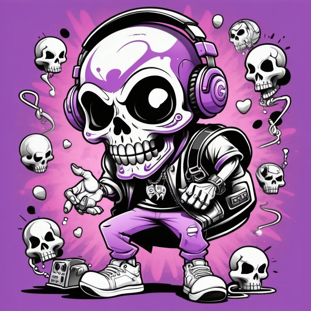 Prompt: Coloring page Cartoon Graffitti character cyber punk gangster happy candy skull hip hop dj charachter spray bomb print pastel purple black white 