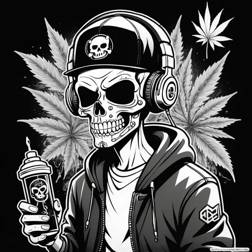 Prompt: Coloring page Cartoon Graffitti character cyber punk gangster happy weed candy skull hip hop dj charachter spray bomb print