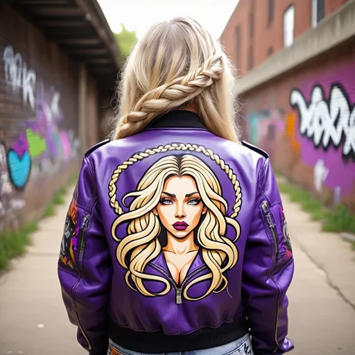 Prompt:  medusa microbraided long blonde hair revealing extra large cleavage full lips graffiti art printed on her purple leather bomber jacket back front and arms  round rear side exotix leather