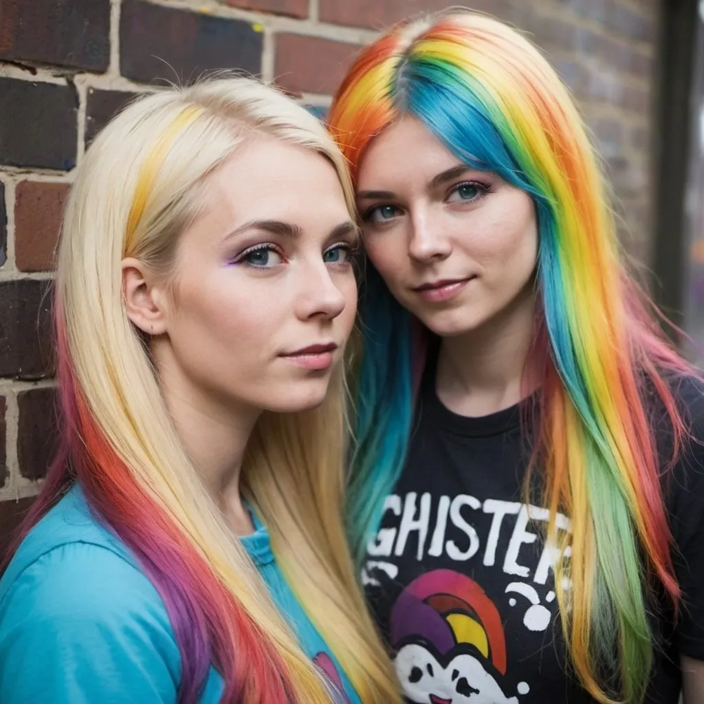 Prompt: graffitti blonde rainbow long hair the Chester cat and Alice