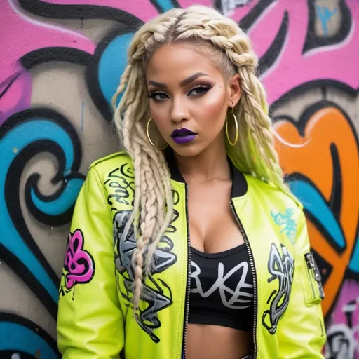 Prompt: Neon medusa long blonde microbraided hair revealing extra large cleavage full lips enchanting revealing pastel yellow  leather outfit and graffiti art bomber jacket graffiti hip hop charachter graffiti outfit leather bomber 