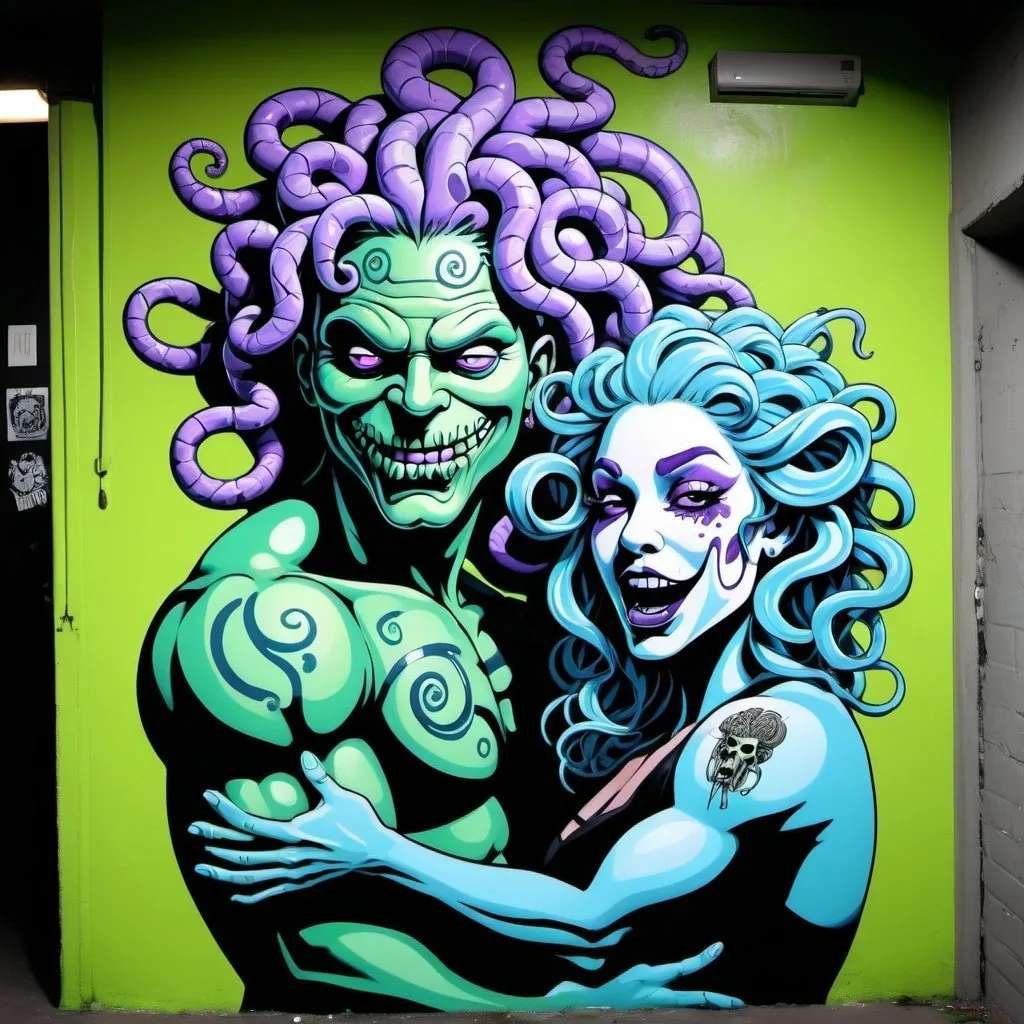 Prompt: Charachters Pastel purple white and pastel blue pastel blue pastel green graffiti medusa charachter on a black wall backround freddy crugar and jason muscular gangster pastel colored  graffiti art by sedusa adornment clothing design 