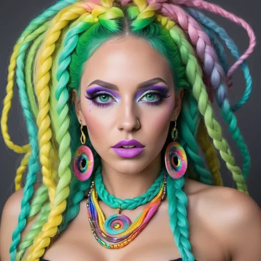 Prompt: Pastel graffiti medusa green eyes revealing extra large cleavage with rainbow pastel microbraided hair and full lips designer bold unique loud makeup artists bold adornment creative