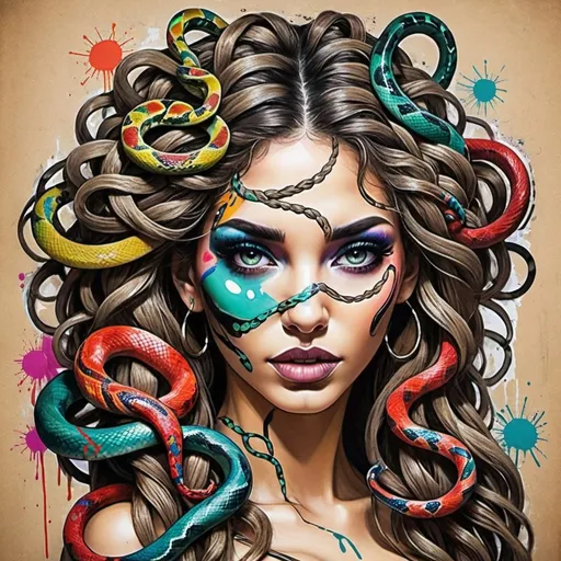 Prompt: Color art print page Graffiti art face microbraided snake long medusa hair charachter revealing cleavage graffiti art face make up print