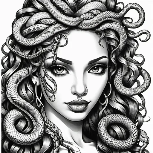 Prompt: Coloring page Graffiti art face microbraided snake long medusa hair charachter revealing cleavage graffiti art face make up print