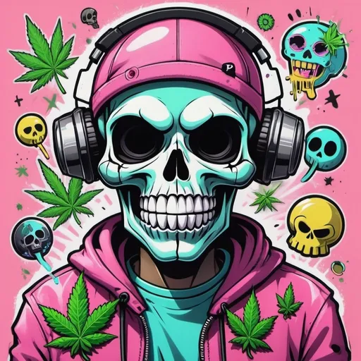 Prompt: Cartoon Graffitti character cyber punk gangster happy weed candy skull hip hop dj charachter spray bomb pastel print