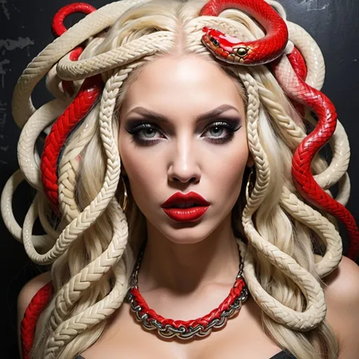 Prompt: medusa blonde microbraided snake long medusa hair revealing very large full red lips cleavage graffiti make up art - sedusa adornment