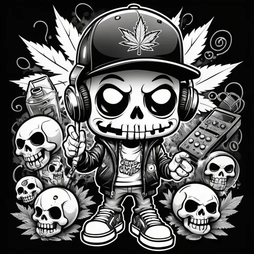 Prompt: Coloring page Cartoon Graffitti character cyber punk gangster happy weed candy skull hip hop dj charachter spray bomb print