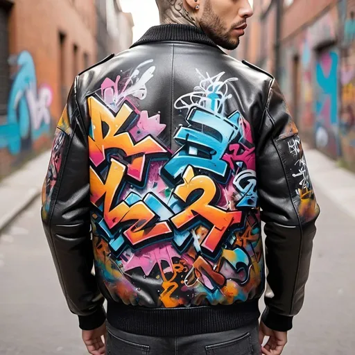 Prompt: Graffiti art printed on a leather bomber jacket 