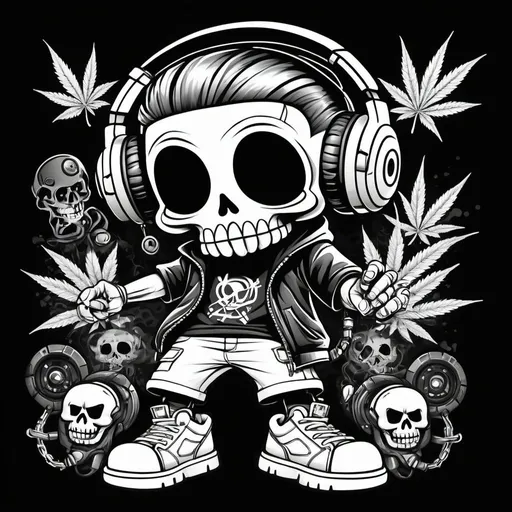 Prompt: Coloring page Cartoon Graffitti character cyber punk gangster happy weed candy skull hip hop dj charachter spray bomb print