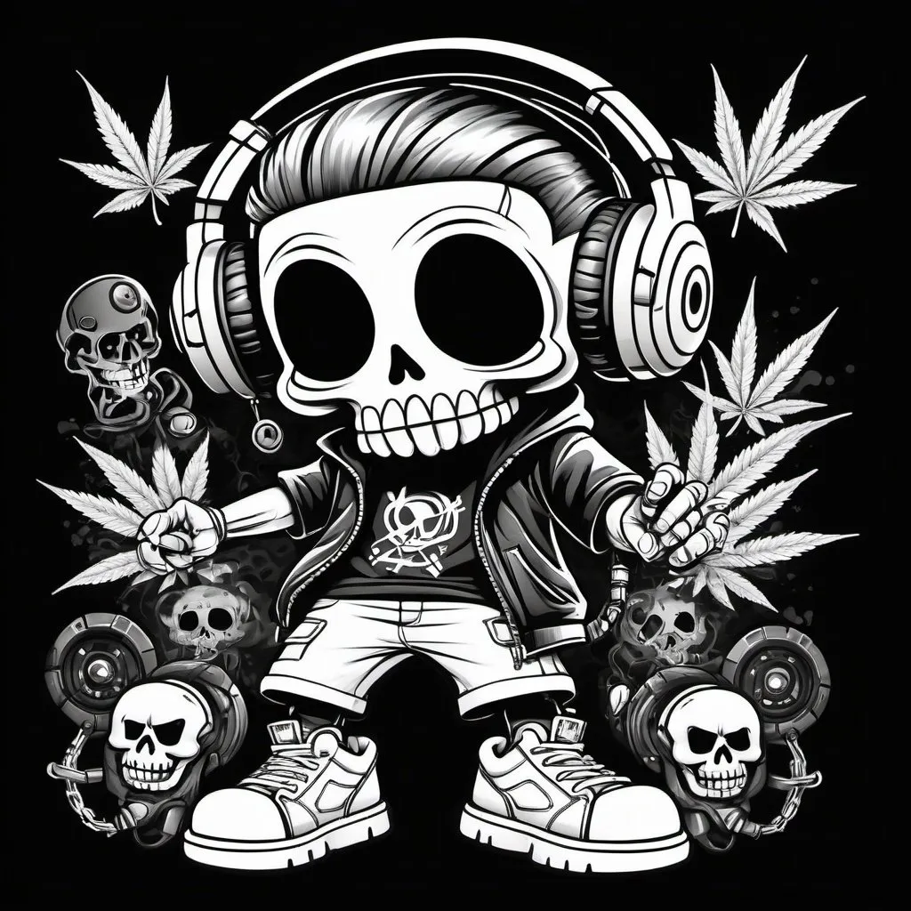 Prompt: Coloring page Cartoon Graffitti character cyber punk gangster happy weed candy skull hip hop dj charachter spray bomb print