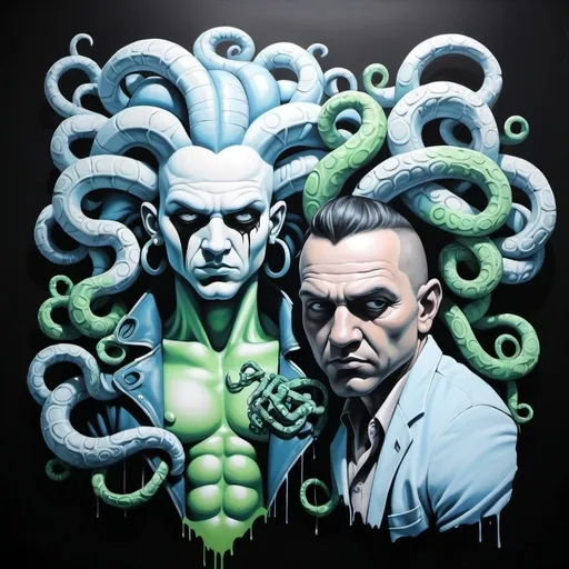 Prompt: Charachters Pastel white and pastel blue pastel blue pastel green graffiti medusa charachter on a black wall backround freddy crugar and jason muscular gangster pastel colored  graffiti art by sedusa adornment