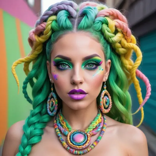 Prompt: Pastel graffiti medusa green eyes revealing extra large cleavage with rainbow pastel microbraided hair and full lips designer bold unique loud makeup artists bold adornment creative