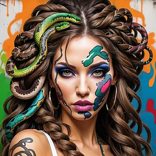 Prompt: Color art print page Graffiti art face microbraided snake long medusa hair charachter revealing cleavage graffiti art face make up print