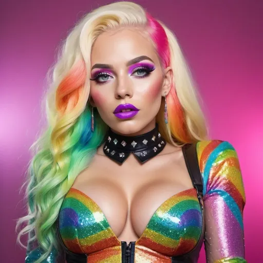 Prompt: Very long blonde neon rainbow hair revealing extra large cleavage full lips unique loud bold glittery makeup with glittery custom leather outfit