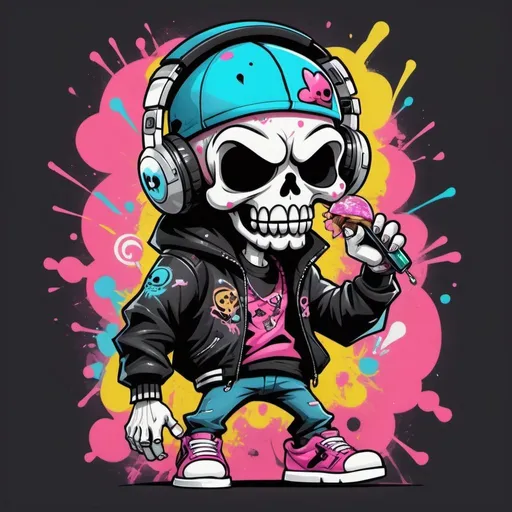 Prompt: Cartoon Graffitti character cyber punk gangster happy candy skull hip hop dj charachter spray bomb pastel print