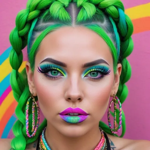 Prompt: Pastel graffiti gangster character green eyes revealing extra large cleavage with rainbow pastel microbraided hair and full lips designer bold unique loud makeup artists bold adornment creative stylish neon graffiti art makeup