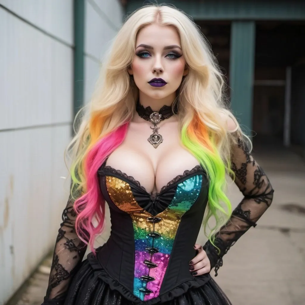 Prompt: Blonde rainbow neon long hair revealing extra large cleavage full lips glitter with the Chester Alice in wonderland gothic steampunk 