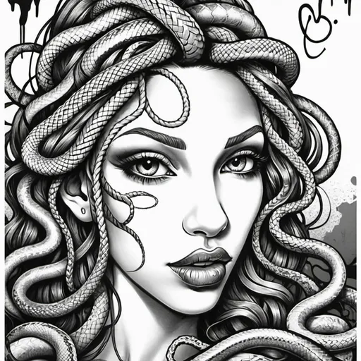 Prompt: Coloring page Graffiti art face microbraided snake long medusa hair charachter revealing cleavage graffiti art face make up print