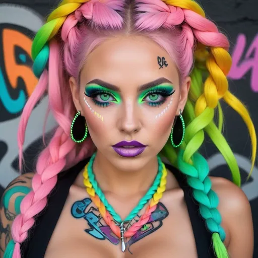 Prompt: Pastel graffiti gangster character green eyes revealing extra large cleavage with rainbow pastel microbraided hair and full lips designer bold unique loud makeup artists bold adornment creative stylish neon graffiti art makeup