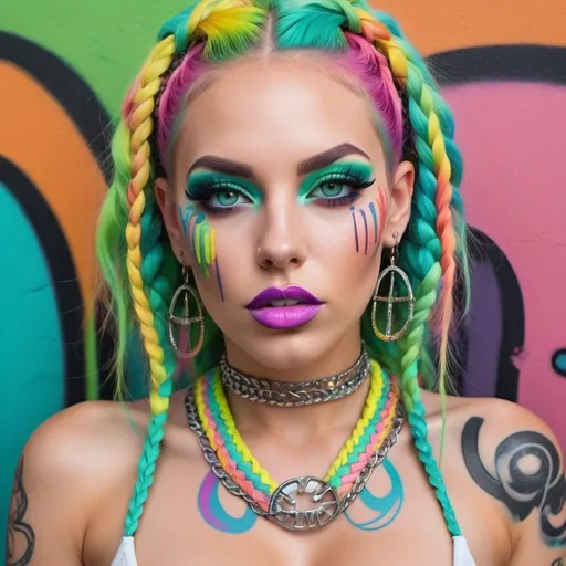 Prompt: Pastel graffiti gangster character green eyes revealing extra large cleavage with rainbow pastel microbraided hair and full lips designer bold unique loud makeup artists bold adornment creative stylish neon graffiti art makeup