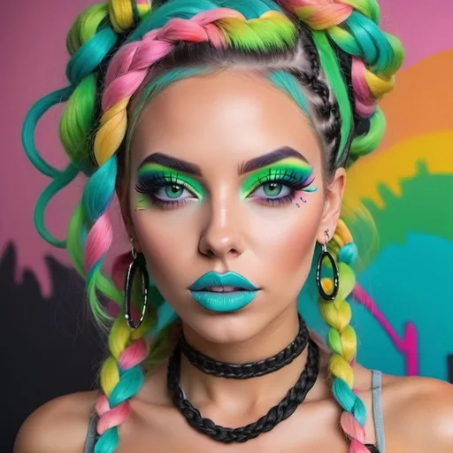 Prompt: Pastel graffiti gangster character green eyes revealing extra large cleavage with rainbow pastel microbraided hair and full lips designer bold unique loud makeup artists bold adornment creative stylish neon graffiti art makeup