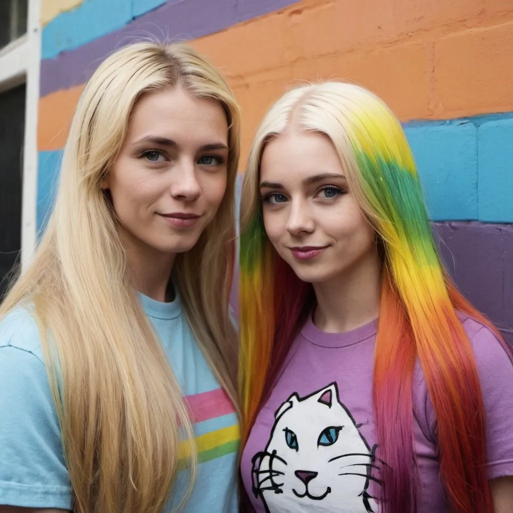 Prompt: graffitti blonde rainbow long hair the Chester cat and Alice