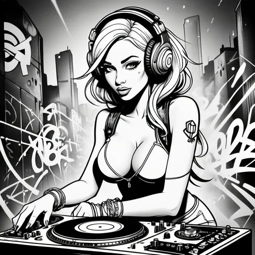 Prompt: Coloring page Graffitti cartoon female dj  character revealing cleavage cyber punk gangster print 