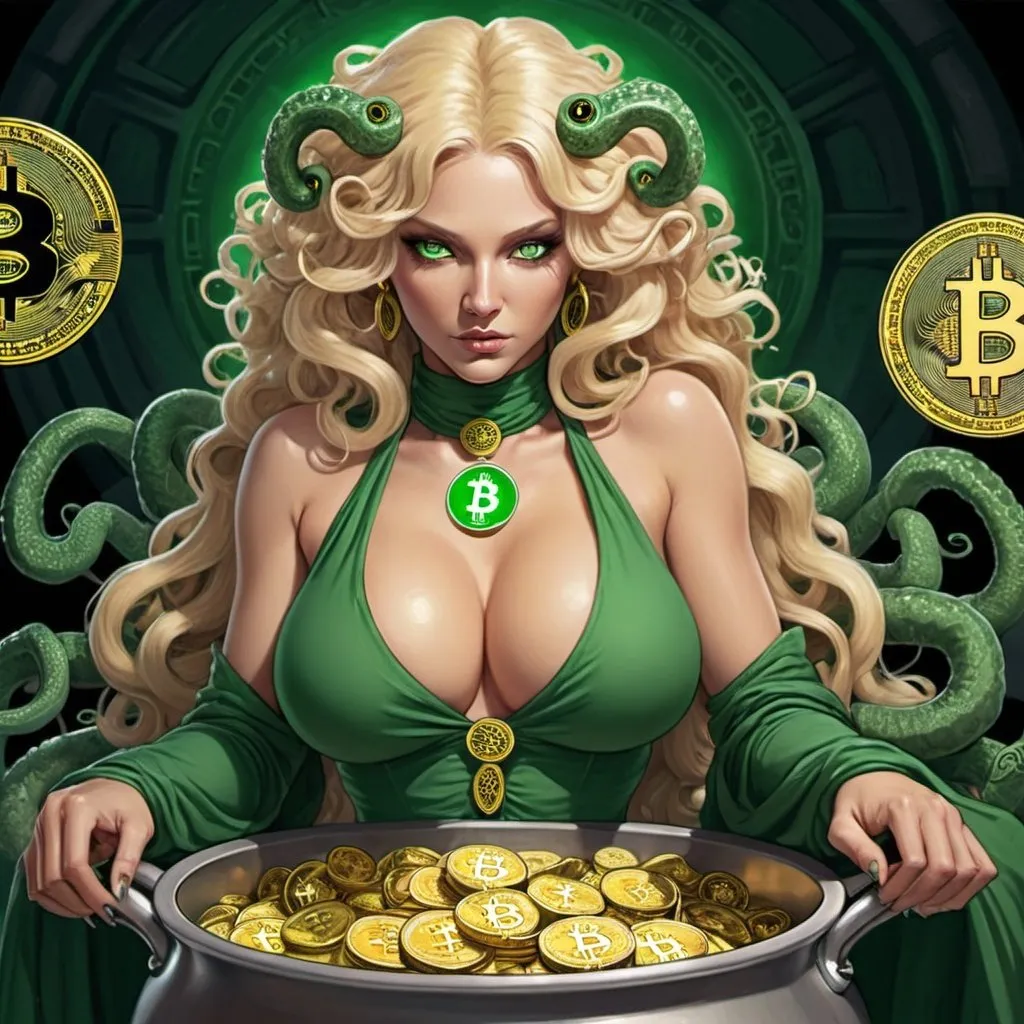 Prompt: Beautiful medusa human blonde green eyed  leprachaun revealing extra large cleavage in a pot of bitcoin  - sedusa adornment